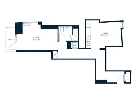 Floor plan for studio, 1 bath, 792 sqft